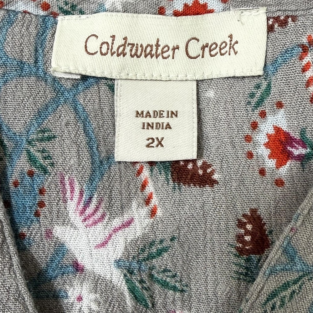 Coldwater Creek Top Women's 2X Gray Floral Birds Christmas Holiday Casual Shirt - Picture 6 of 9
